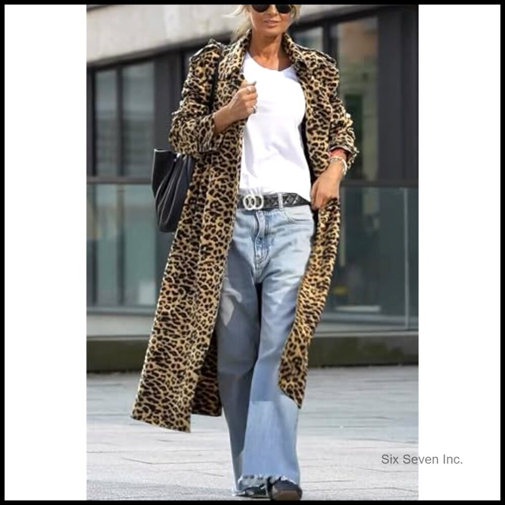 Loose Fit Faux Suede Trench Coat Notch Lapel Leopard Print Mid Calf - Picture 3 of 7